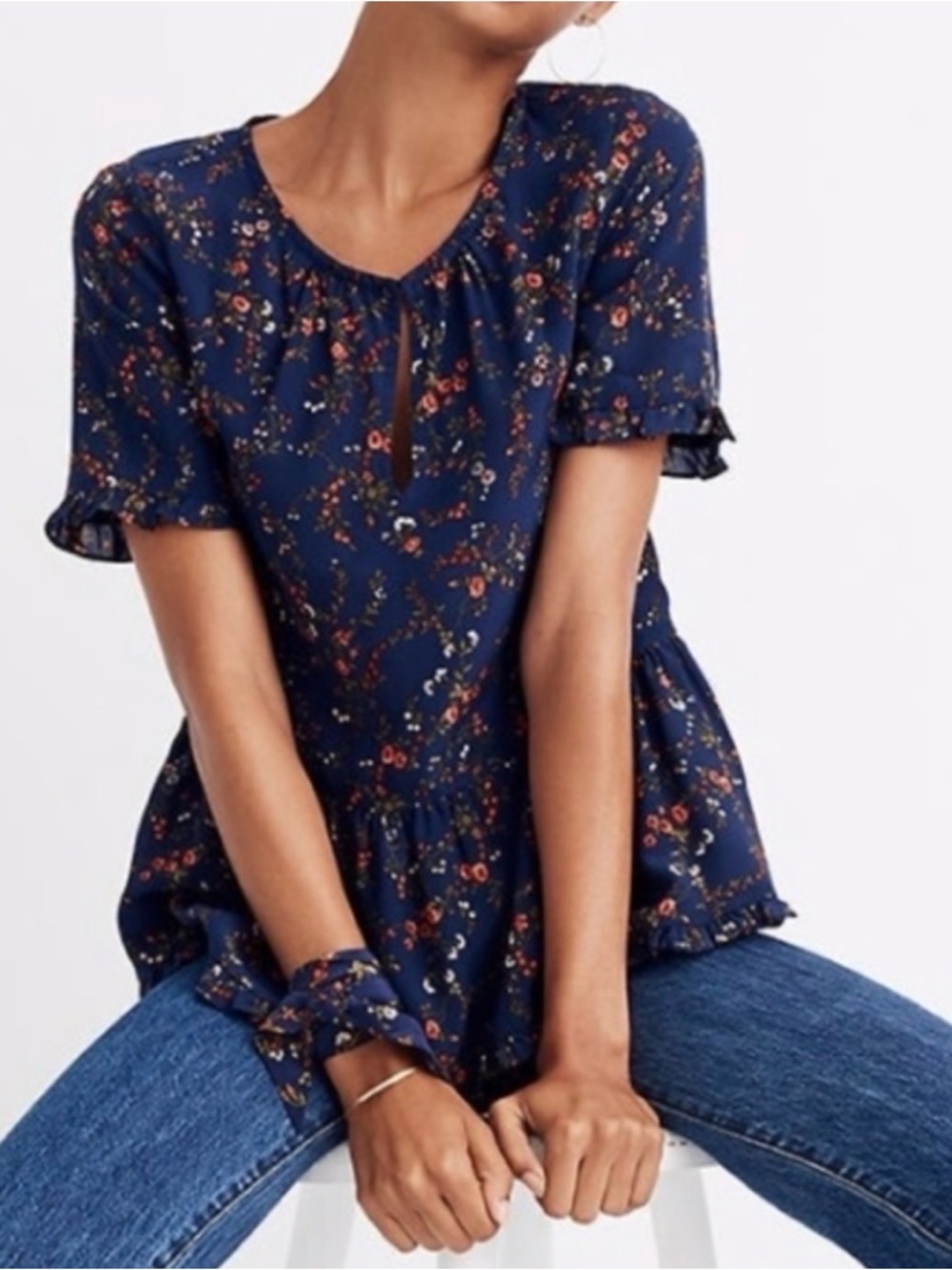 Madewell Navy Floral Peplum Keyhole Blouse, size XS